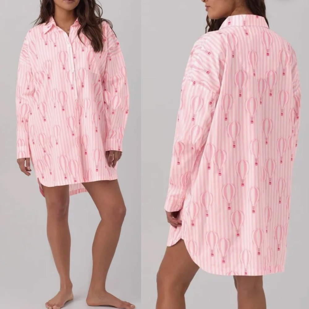 BedHead Pajamas PJ’s Ballon Ride Cotton Poplin Sleep Shirt Dress Pink White - Picture 2 of 16